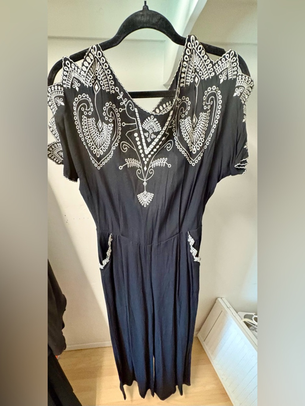 Anthropologie elevenses Black Jumpsuit with White Embroidered Yoke